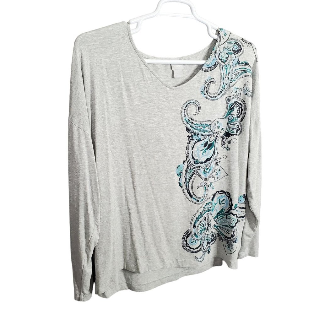 Chico's 4 Size XXL T-shirt Touch Of Cool Paisley Flow Tee Embroidered Gray Blue